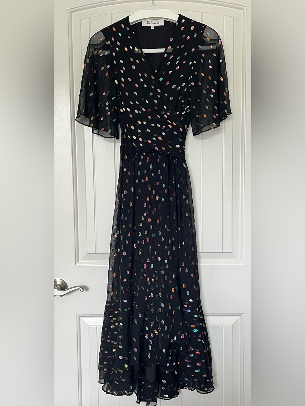 DVF Berdina Metallic Flounce Wrap Dress High Low Multicolor Dot Size 6 - Picture 5 of 16